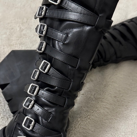 Gothic Black Buckle Strappy Monster Wedge Knee High Platform Boots - 9 - Picture 14 of 17
